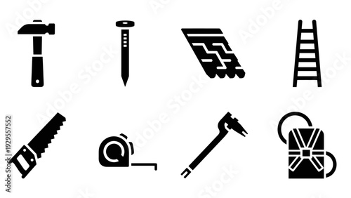 black silhouette construction tool icons set including hammer nail roof ladder saw tape measure crowbar and backpack