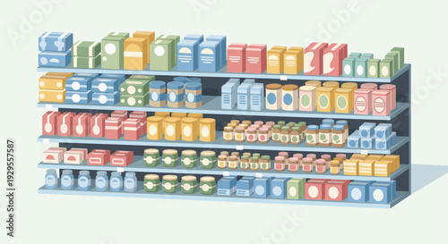 Cartoon illustration of grocery store shelves stocked with an assortment of colourful canned and boxed goods, creating a vibrant, organized display ideal for retail or food-related designs.