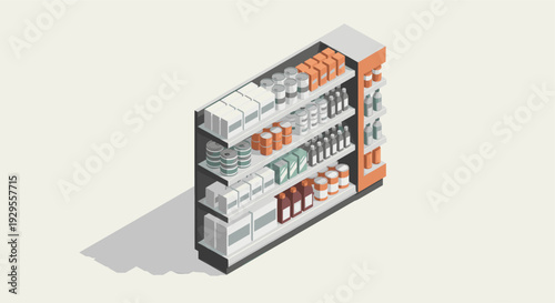 Isometric illustration of a grocery store shelf stocked with canned goods, boxes, and bottles, showcasing a clean and organized retail environment. Ideal for designs promoting food, shopping.