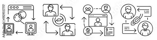 Digital interaction and business workflow depicting a cyclical process with data exchange