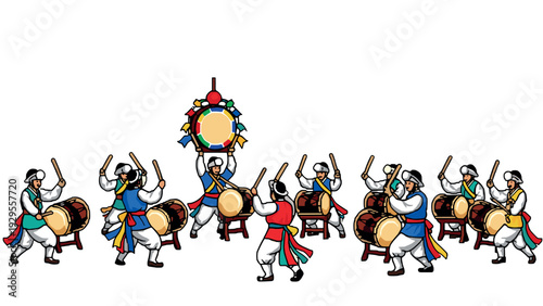 traditional Korean drummers playing samulnori drums in colorful hand drawn style cultural performance illustration