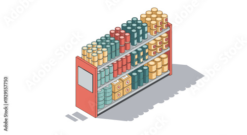 Isometric illustration of supermarket shelving stocked with rows of colorful canned goods and boxed items, rendered in a clean, minimalist style against a white background.