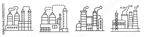 Line art representation of various industrial factory buildings and smokestacks