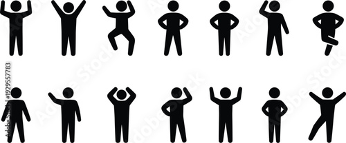 Fifteen black stick figure icons illustrating diverse human poses and active gestures silhouette person