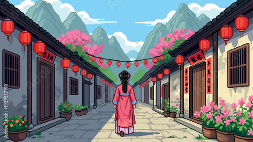 woman in traditional dress walking through old asian village street with red lanterns and blooming flowers digital illustration