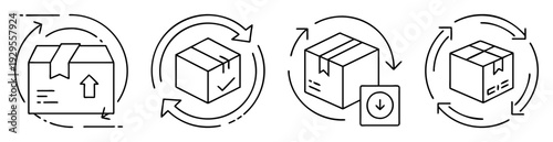 A set of icons depicting shipping, delivery, return and recycling concepts