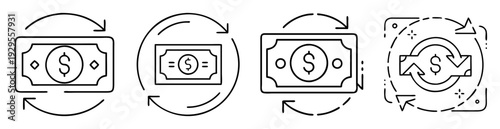 Financial transaction icons indicating money flow, exchange, cashback and currency swap