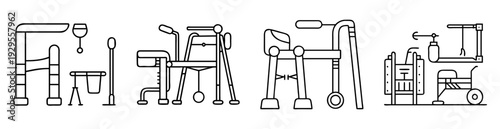 Outline illustrations of assistive mobility and rehabilitation devices for disabled persons