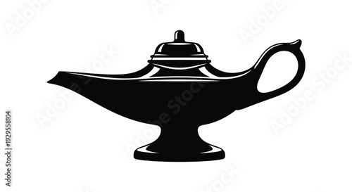 A striking black silhouette depicts a traditional genie s lamp showcasing its ornate curves and iconic shape silhouette high quality