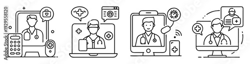 Set of icons representing telehealth, online medical consultation, and healthcare assistance
