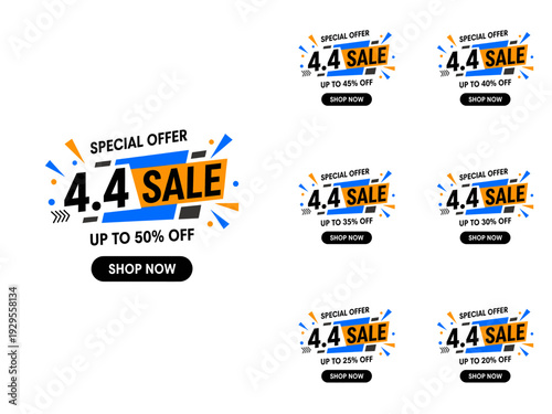 Special Offer 4.4 Sale Banner with Up to 50 Percent Off Discounts and Shop Now Call to Action