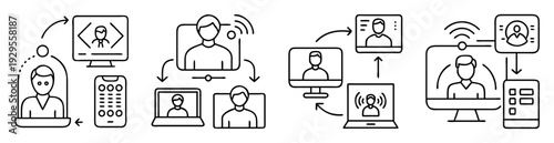 Diverse digital communication methods illustrated, encompassing video conferencing and mobile device interaction