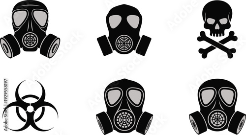 Set of gas mask and biohazard symbols icons, black silhouette toxic protection respirator hazard warning signs isolated on white background