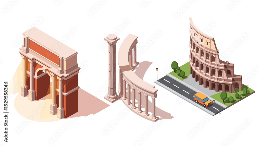 Naklejka premium isometric ancient roman monuments set with arch column and colosseum in flat design