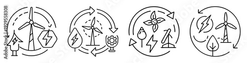 Renewable Energy Cycle Icons Representing Solar, Wind, Hydro, and Green Energy