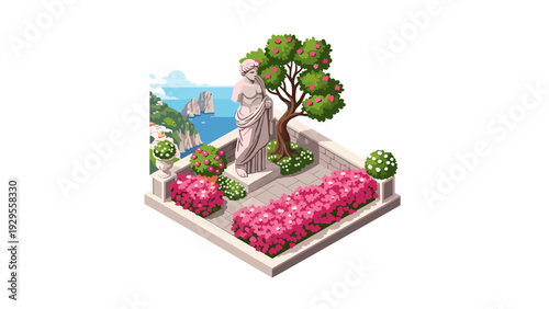 isometric garden terrace with classical statue pink flowers and orange tree hand drawn illustration for design