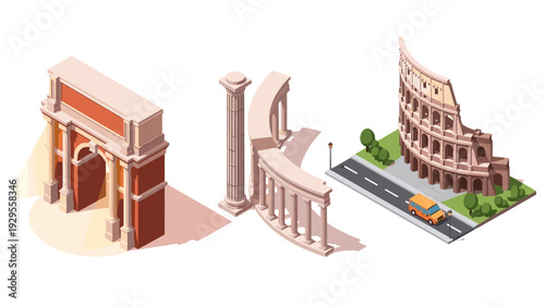 isometric ancient roman monuments set with arch column and colosseum in flat design