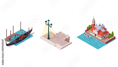 venice gondola dock street lamp and historic church isometric illustrations set