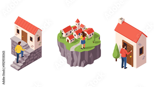 isometric people interacting with small houses and floating village illustration set