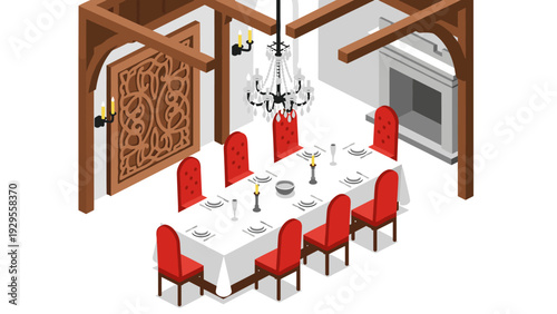 isometric medieval dining room interior with wooden beams red chairs and chandelier hand drawn illustration