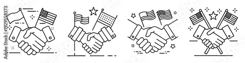 Handshake with American flags symbolizes unity, collaboration, and national identity in outline style