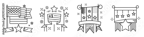 patriotic line art designs with American flags, stars and streamers