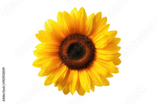 Vibrant yellow sunflower with a dark brown center on a pure white background