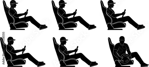 Driving simulator silhouette set, man sitting in racing seat holding steering wheel isolated, gaming concept, flat vector illustration