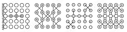 Four different patterns created with dots and lines in a grid layout