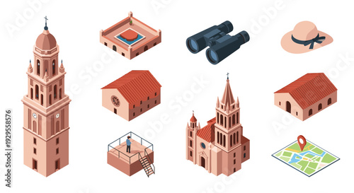isometric travel icons set with churches tower binocular map and summer hat in flat style