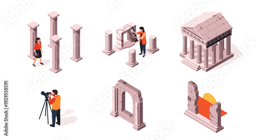 isometric ancient ruins and historical monument exploration with tourists and photographer vector illustration set