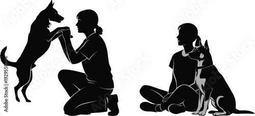 Silhouette illustration of people interacting with dogs, playful training and calm companionship scenes, bonding, affection, friendship, pet care, outdoor lifestyle artwork concept