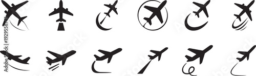 Plane flight icon set, travel, airline, airport, airplane, journey, vacation, vector eps design