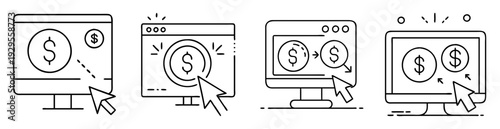 Set of computers with dollar symbol represent online money making concept