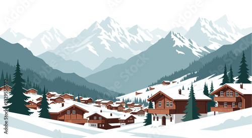 A vector illustration of a cozy winter village nestled in a snowy mountain landscape with evergreen trees. The scene depicts peace and tranquility.