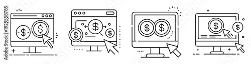 Four stylized computer monitors displaying monetary transactions with dollar sign currency