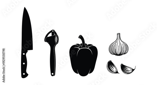 A striking black silhouette arrangement displays a chef s knife peeler pepper garlic and cloves silhouette high quality professional detailed