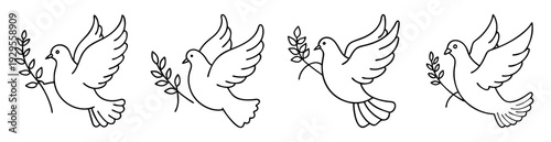 A collection of peaceful doves carrying olive branches in a simple style