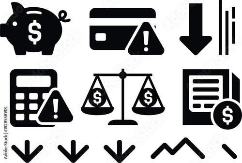 Financial Icons Showing Piggy Bank Credit Card Scales Calculator and Arrows money savings
