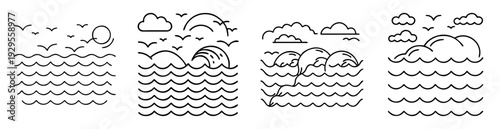 Four different minimalistic scenes showcasing ocean water with birds and clouds