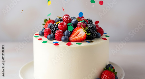 White frosted celebration cake beautifully topped with fresh mixed berries including strawberries raspberries and blueberries with colorful confetti falling down.