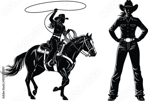 Cowgirl riding horse with lasso rope and standing woman silhouette in western wear black and white vector illustration for rodeo