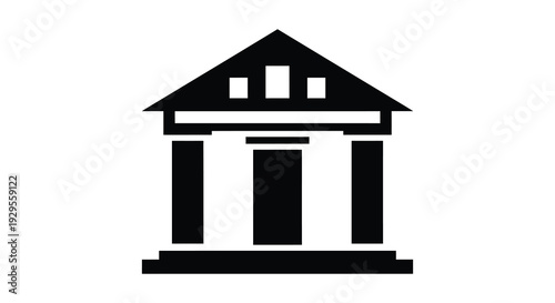 A stark black graphic depicts a classical building facade with prominent columns a pediment and windows silhouette high quality
