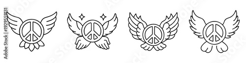 Outline icons of peace symbols with wings, hands, and floral elements