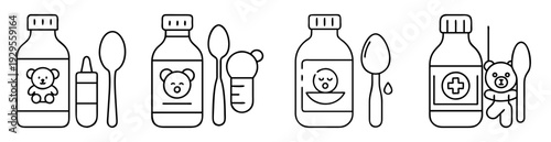 Various bottles of pediatric medicine accompanied by spoons and dosing dropper