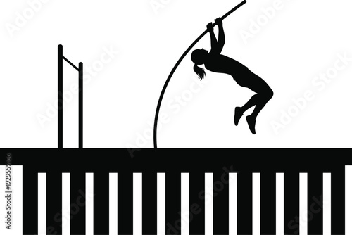Silhouette of pole vault athlete jumping over bar in stadium arena, dynamic track and field sports action concept background for fitness motivation design