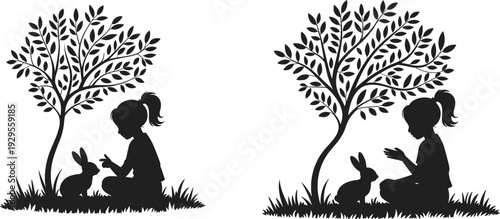 Silhouette of girl sitting under tree with rabbit, black and white design showing nature, friendship, innocence, peaceful outdoor scene, and spot‑the‑difference puzzle concept