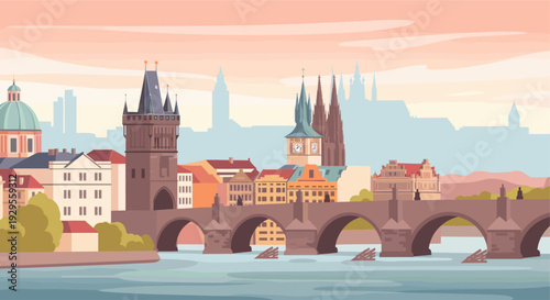 Vector illustration showing Prague cityscape with Charles Bridge in pastel colors, ideal for travel blogs, posters, or background art with quiet mood.