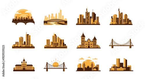 collection of city skyline and bridge icons in hand drawn style with sunset and urban buildings
