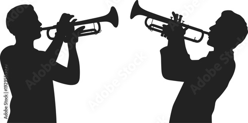 Silhouette musicians playing trumpets facing each other, duet performance vector illustration, musical expression design, artistic isolated black figure of trumpet players